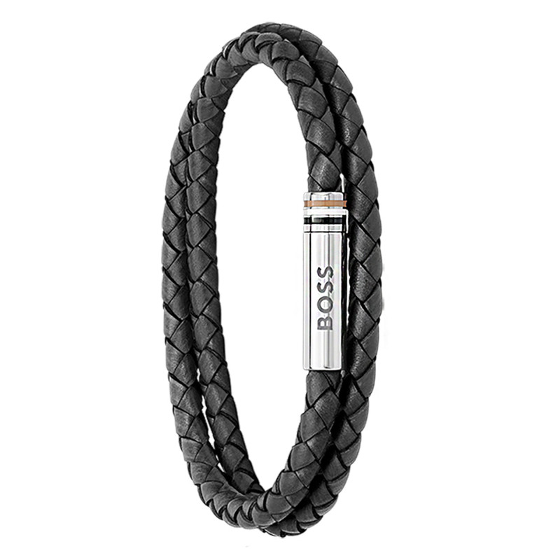 Bracelet Ares Cuir Noir & Acier, 17,50 cm - 1580489S - Boss