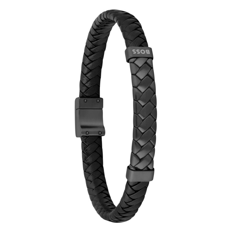 Bracelet Tailored Cuir & Acier Noirs, 19 cm - 1580676M - Boss