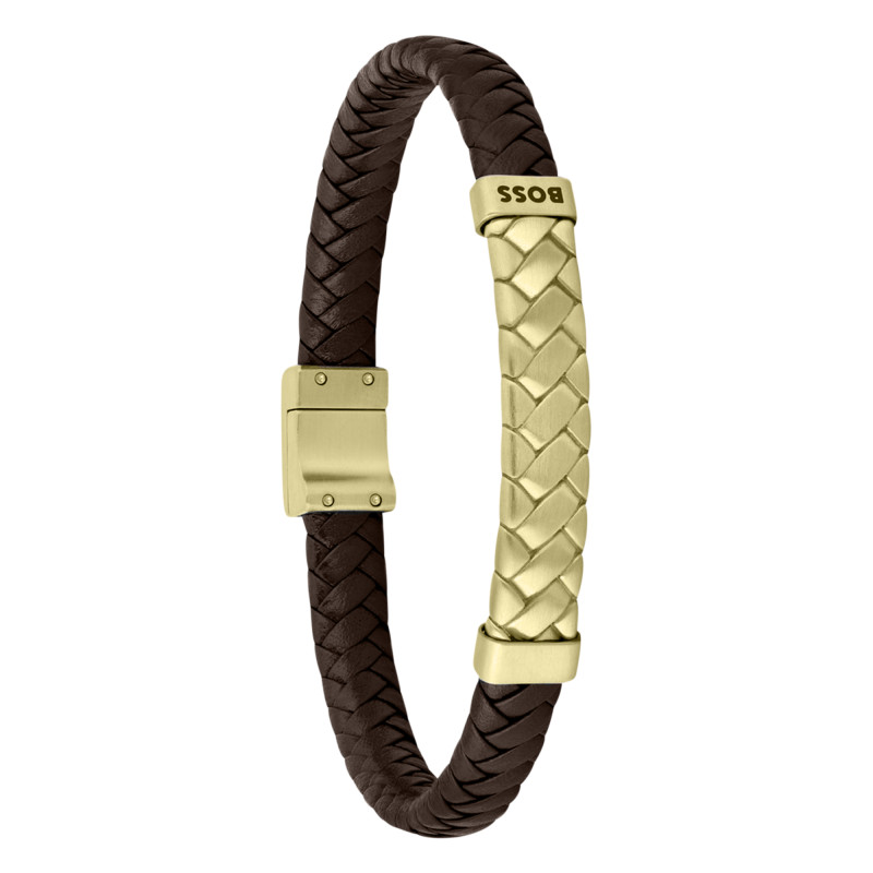 Bracelet Tailored Cuir Marron & Acier Doré, 19 cm - 1580675M - Boss