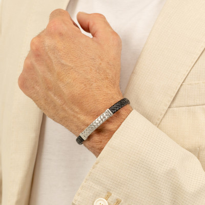 Bracelet Tailored Cuir Noir & Acier, 19 cm - 1580674M - Boss