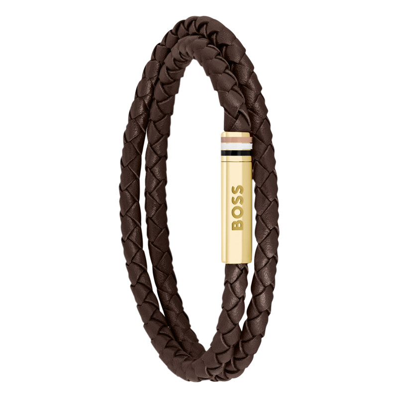 Bracelet Ares Cuir Marron & Acier Doré, 19 cm - 1580670M - Boss