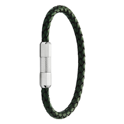 Bracelet Knox, Cuir Tressé Vert & Acier, 20 cm - Fossil