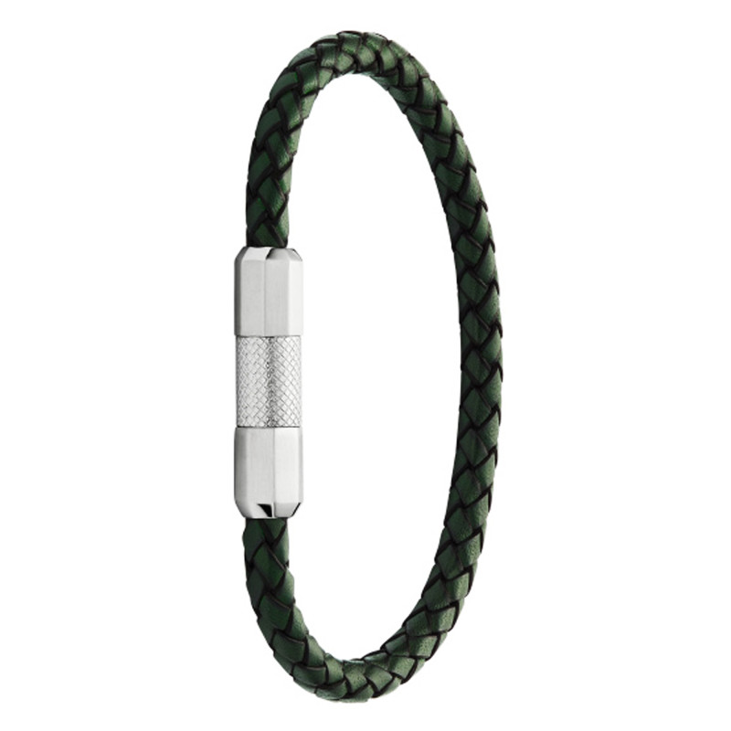 Bracelet Knox, Cuir Tressé Vert & Acier, 20 cm - Fossil