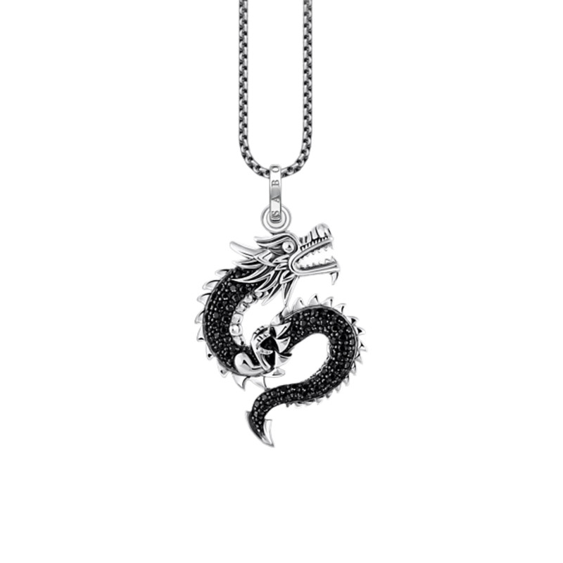 Collier Dragon, Argent 925 Recyclé & Pierres Noires, 45 à 50 cm - KE2273-643-11-L50V - Thomas Sabo
