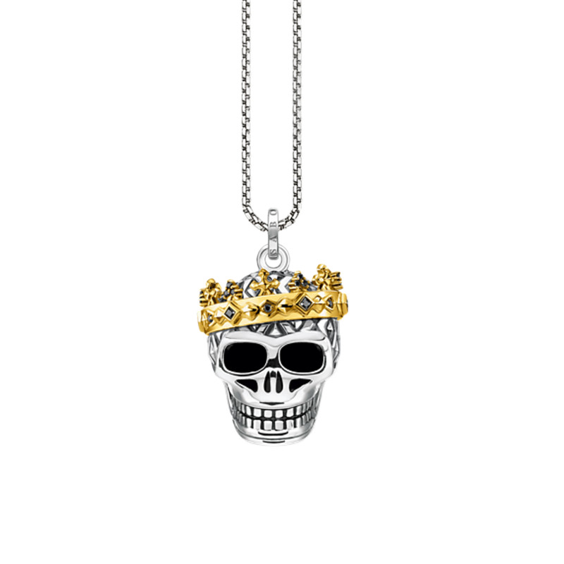 Collier Tête de Mort et Couronne , Argent 925 Plaqué Or 750 & Pierres Noires - KE1993-849-7-L50V - Thomas Sabo