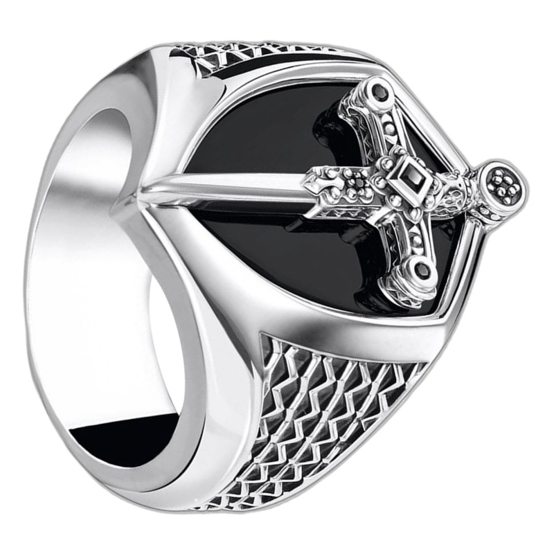 Chevalière Armure Épée, Argent 925 & Pierres Noires - TR2311-641-11 - Thomas Sabo